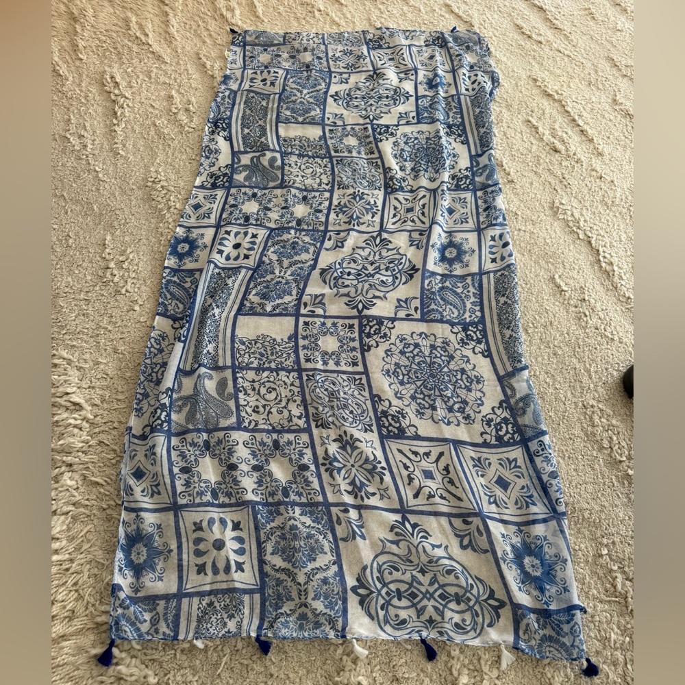 Thin, Blue and White Patterned Scarf or Swim Cover-Up